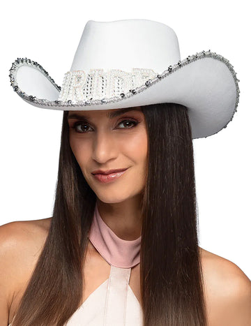 Chapeau de cowboy Bride à strass pour adulte blanc avec bordure argentée