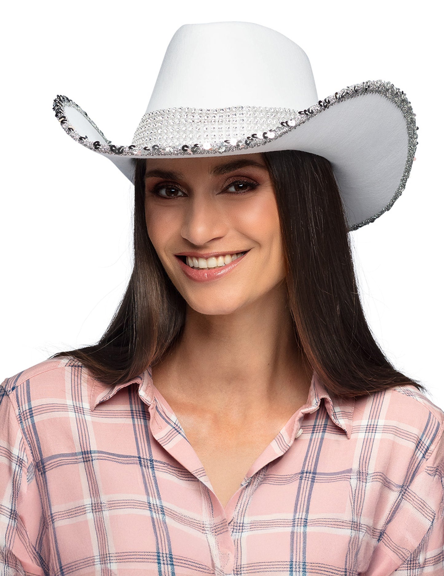 Pălărie de cowboy albă pentru adulți cu strasuri