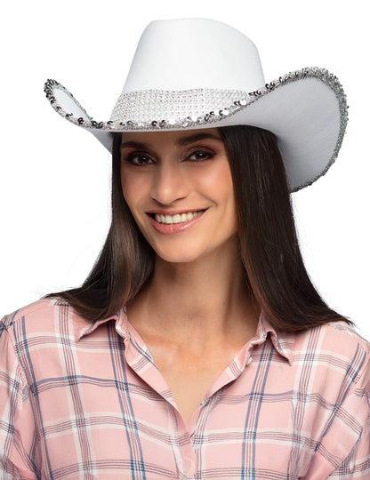 Pălărie de cowboy albă pentru adulți cu strasuri