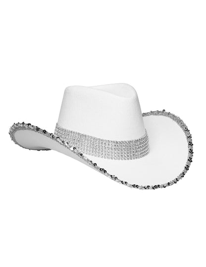 Pălărie de cowboy albă pentru adulți cu strasuri