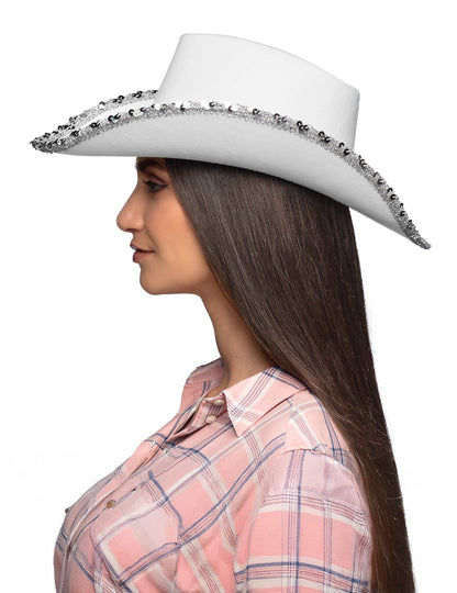 Pălărie de cowboy albă pentru adulți cu strasuri
