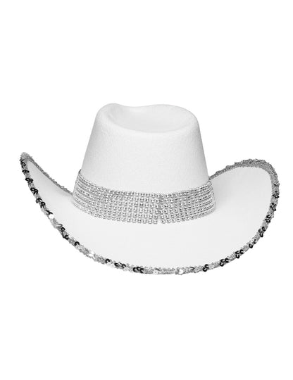 Pălărie de cowboy albă pentru adulți cu strasuri