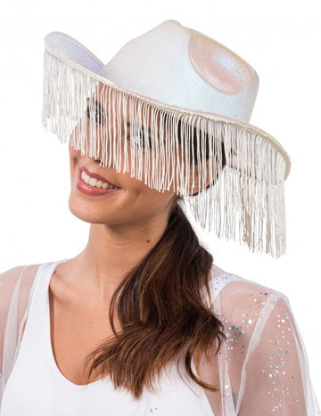 Pălărie albă de cowboy iridescent cu franjuri pentru adulți