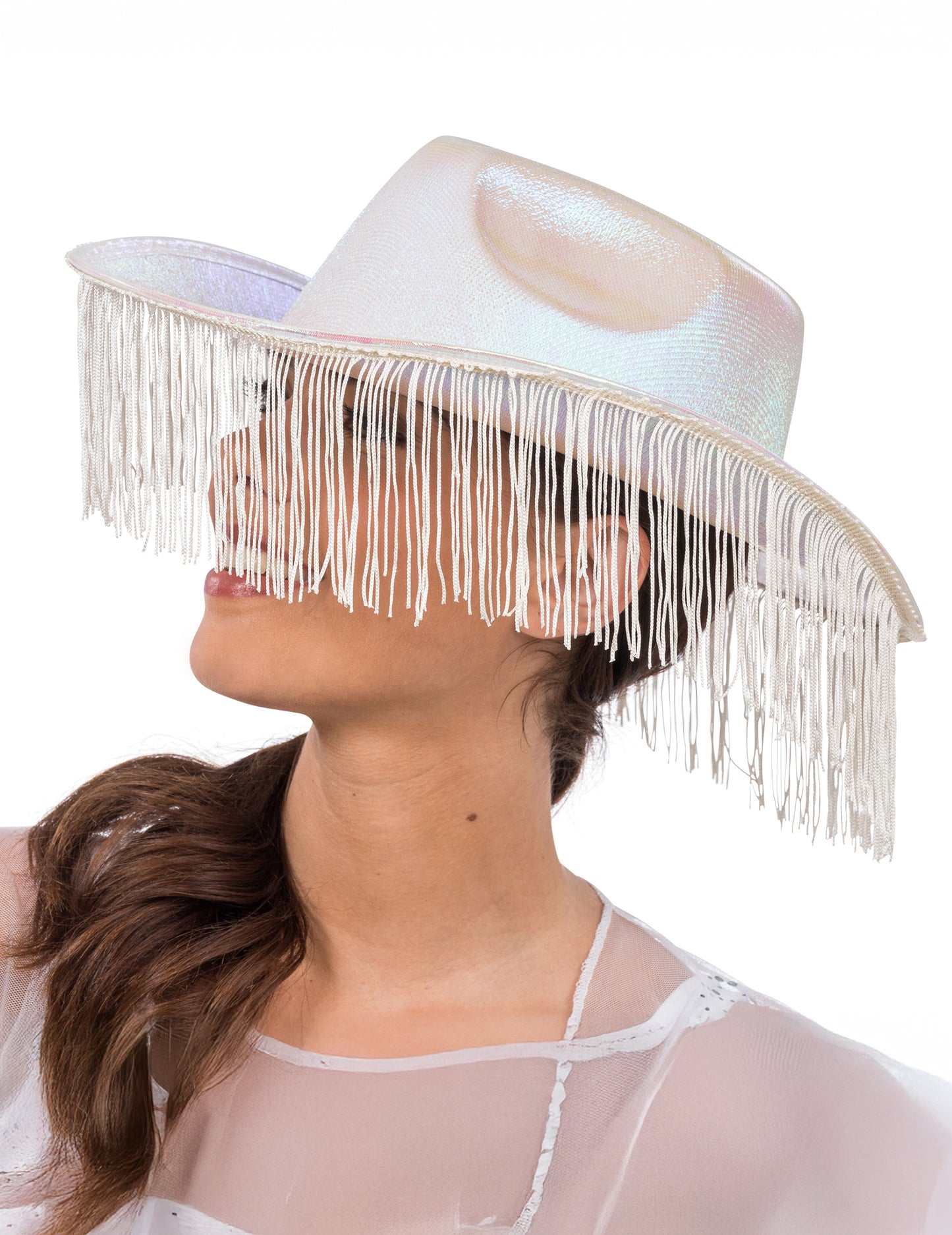 Pălărie albă de cowboy iridescent cu franjuri pentru adulți