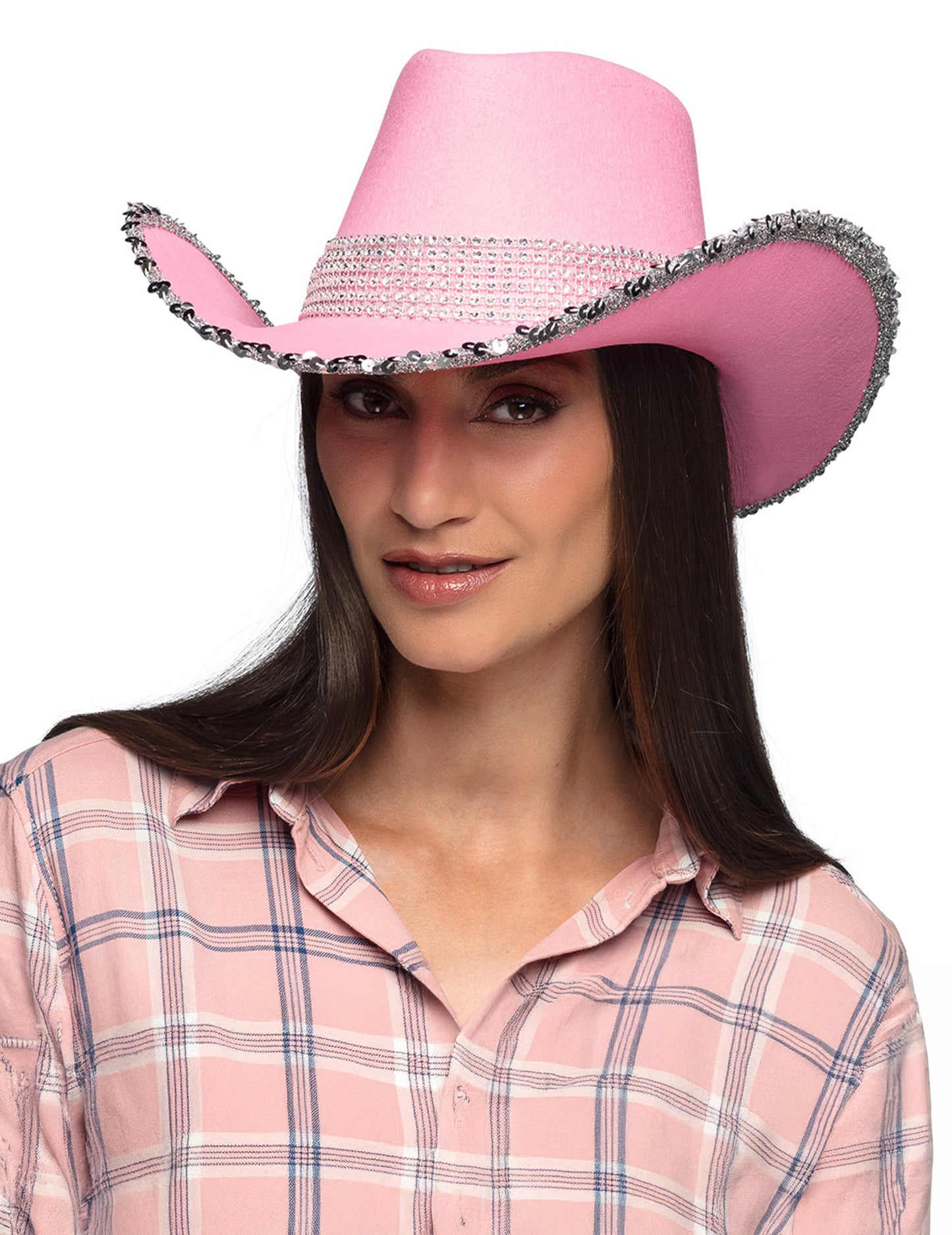 Pălărie de cowboy roz deschis pentru adulți cu strasuri