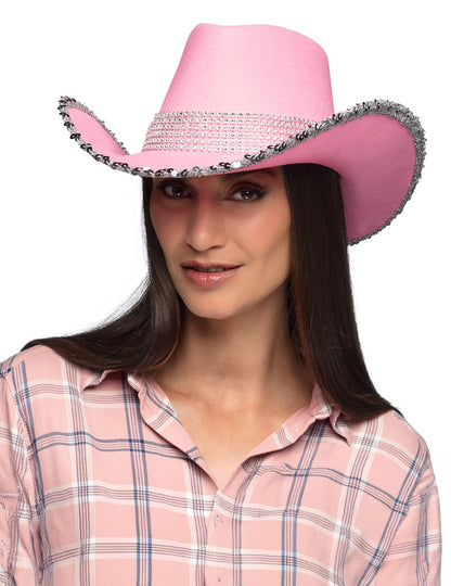 Pălărie de cowboy roz deschis pentru adulți cu strasuri
