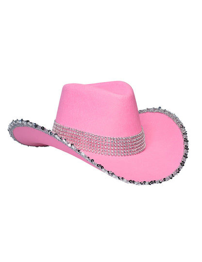 Pălărie de cowboy roz deschis pentru adulți cu strasuri
