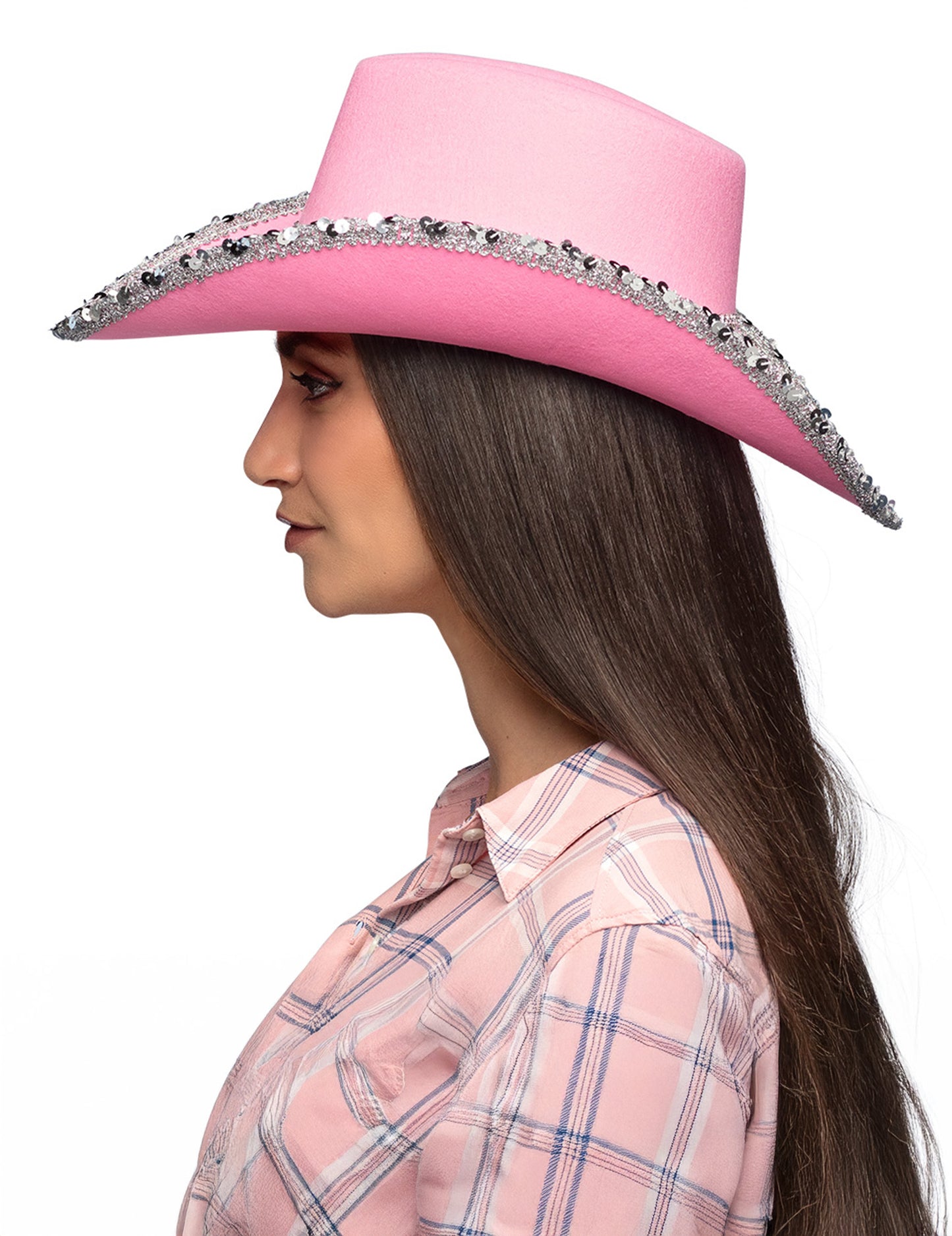 Pălărie de cowboy roz deschis pentru adulți cu strasuri