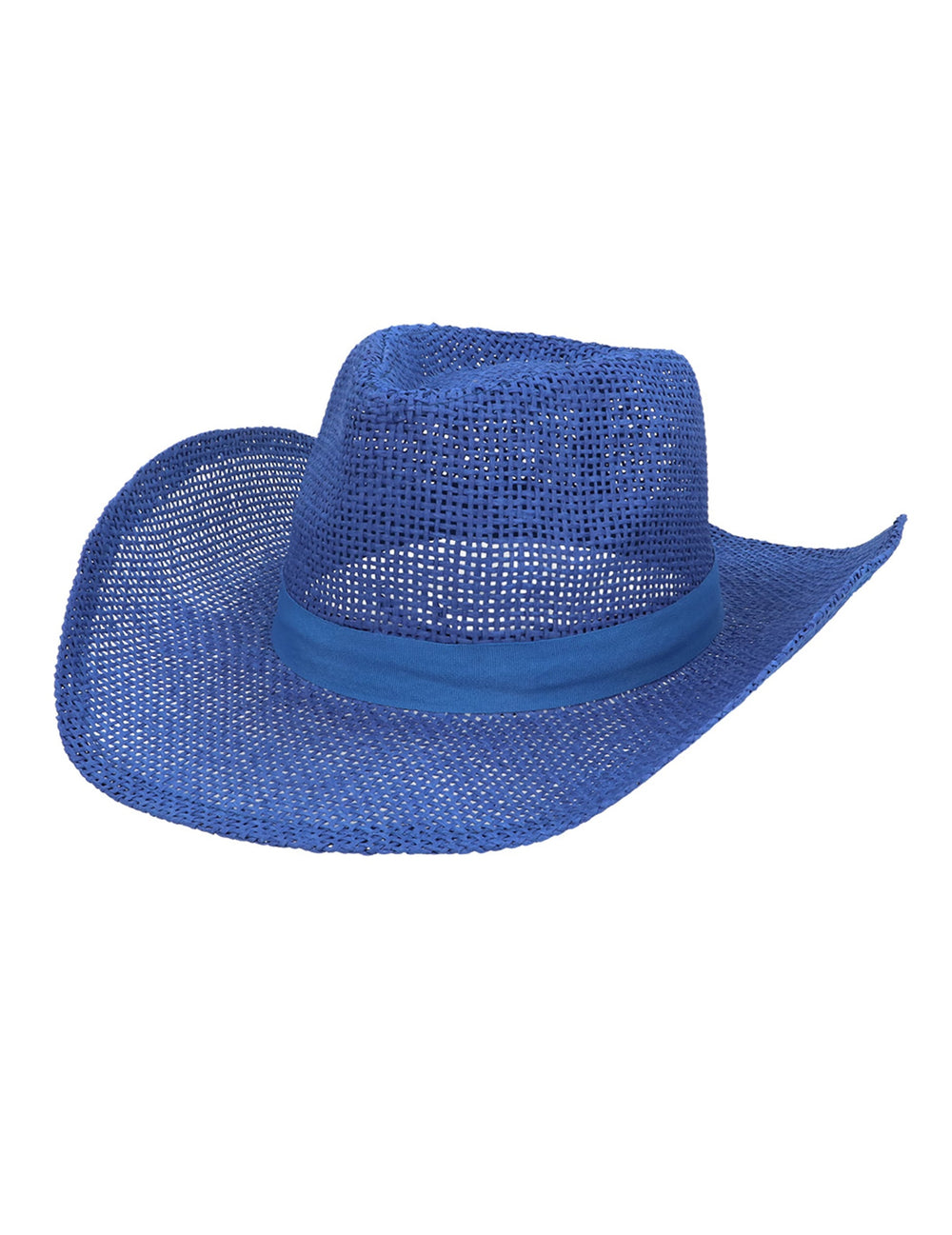 Vue de trois-quart du chapeau de cowboy tressé pour adulte bleu