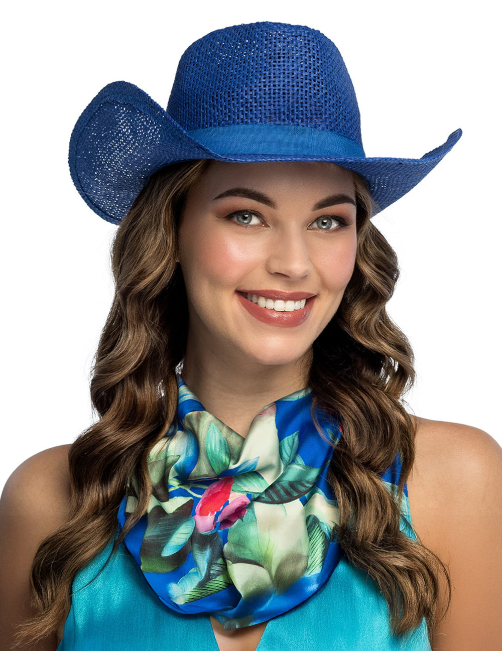 Vue de face du chapeau de cowboy tressé pour adulte bleu