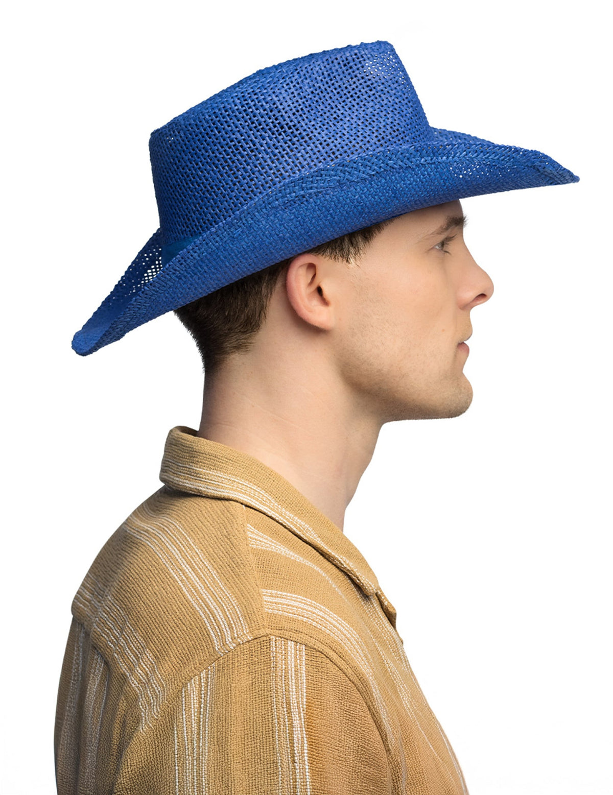 Vue de profil du chapeau de cowboy tressé pour adulte bleu