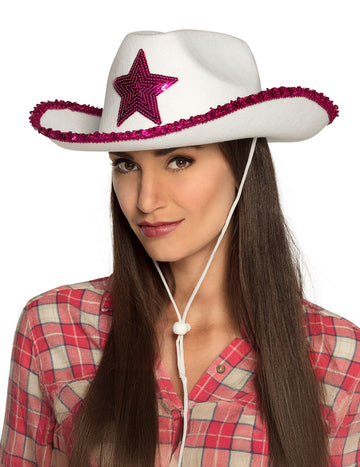 Pălărie de cowgirl alb cu stele de paiete roz