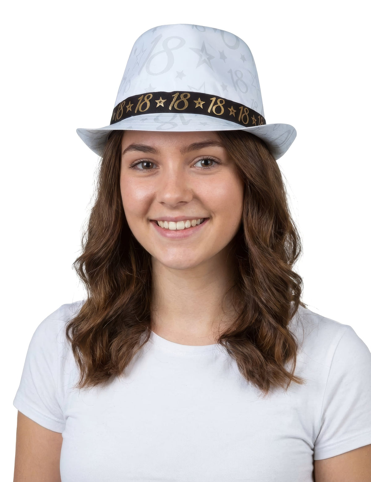 Chapeau de gangster 18 ans pour adulte blanc avec ruban noir et doré