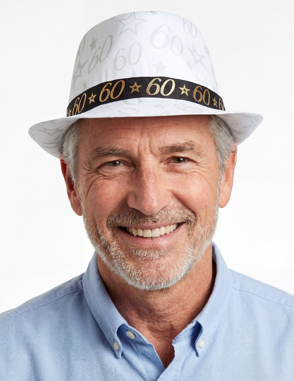Chapeau de gangster 60 ans pour adulte blanc avec ruban noir et motifs dorés