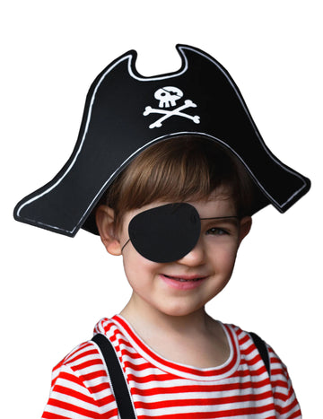 Chapeau de pirate et cache œil pour enfant noir avec motif tête de mort blanc