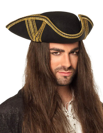 Pălărie de pirat negru adult cu garnitură de aur