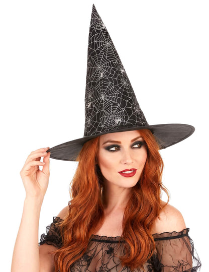 Chapeau de sorcière noir avec toile d'araignée blanche adulte