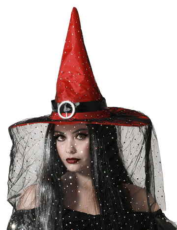 Pălărie de vrăjitoare roșie cu voal