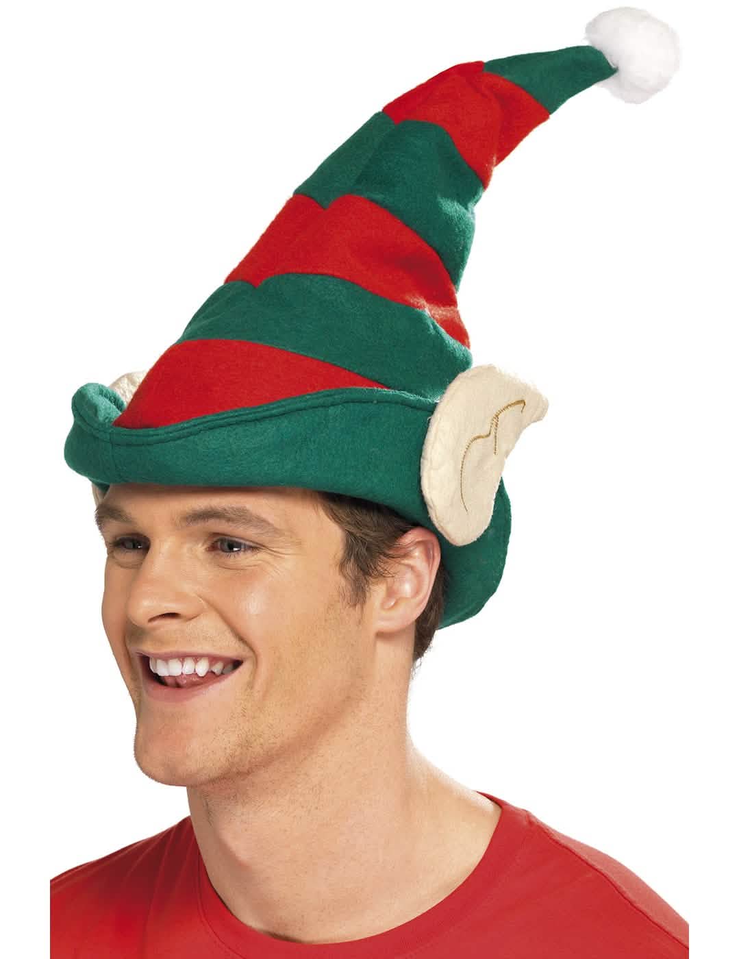 Pălărie de elf adult roșu și verde cu dungi cu urechi