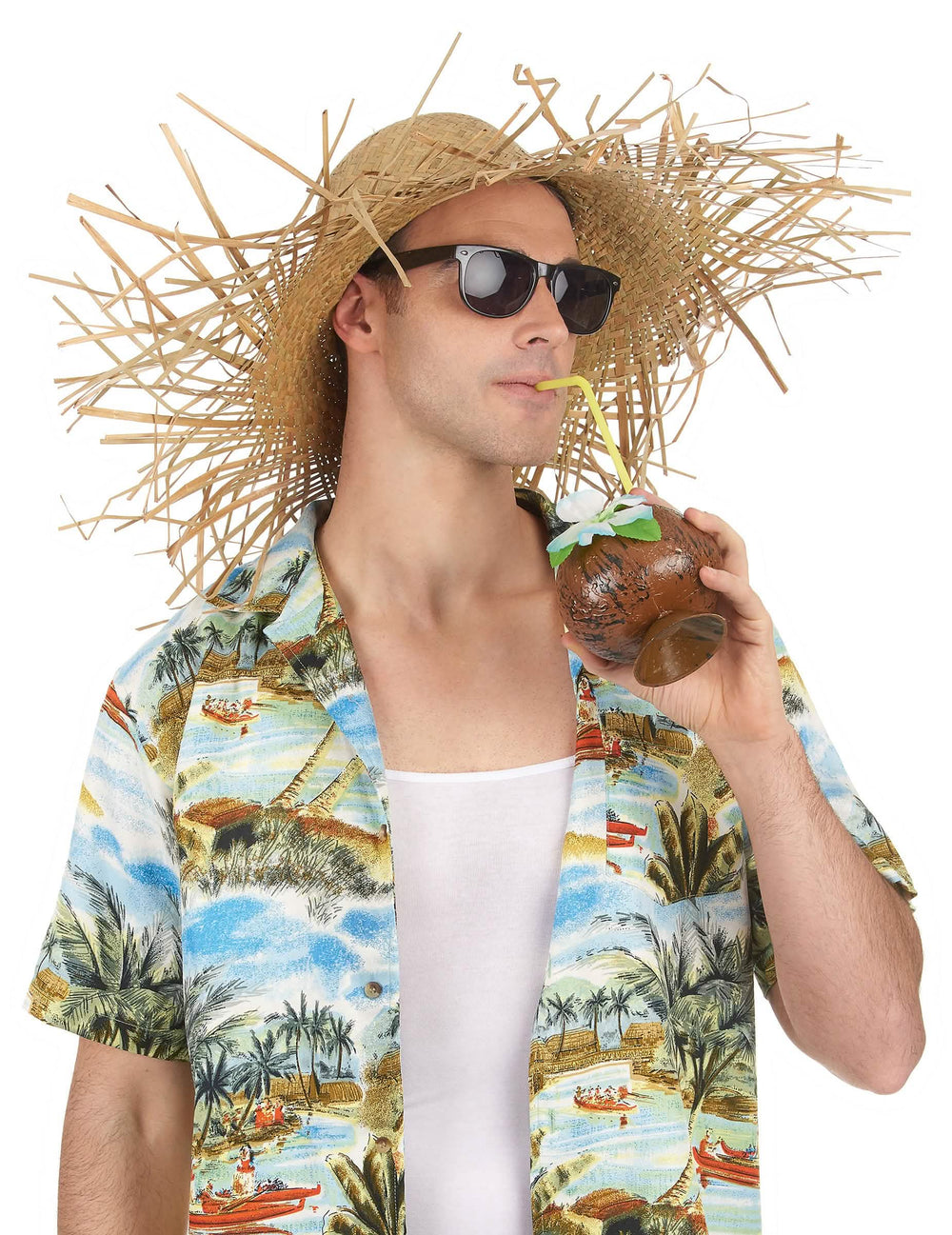 Vedere frontală a pălăriei din paie hawaii purtată cu accesorii
