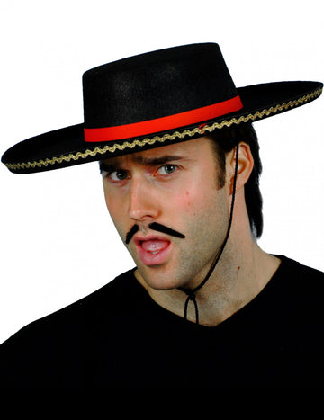 Pălărie spaniolă pentru adult, neagră, cu panglică roșie și dantelă aurie