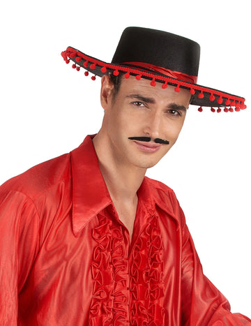 Chapeau espagnol pour homme noir et rouge avec pompons