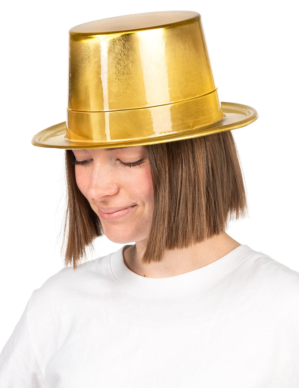 Vue de profil du chapeau haut de forme brillant pour adulte doré