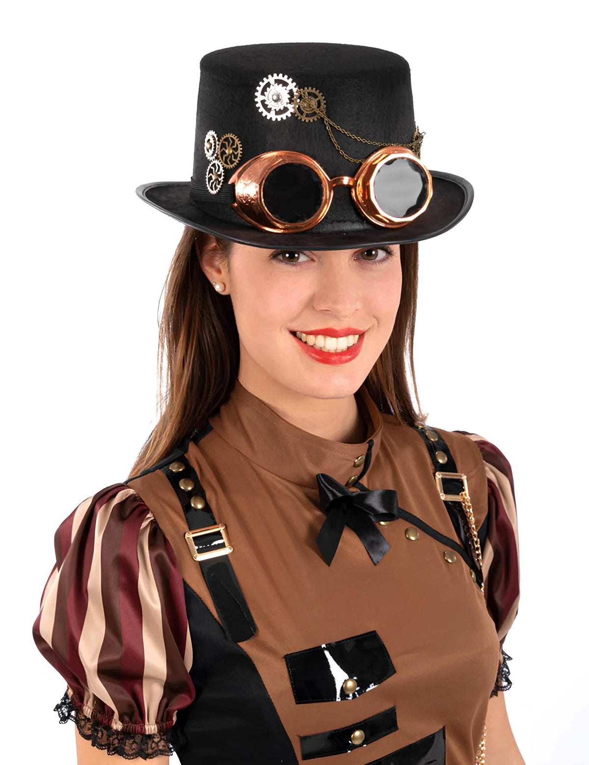 Joben steampunk pentru adult negru din fetru cu ochelari și angrenaje