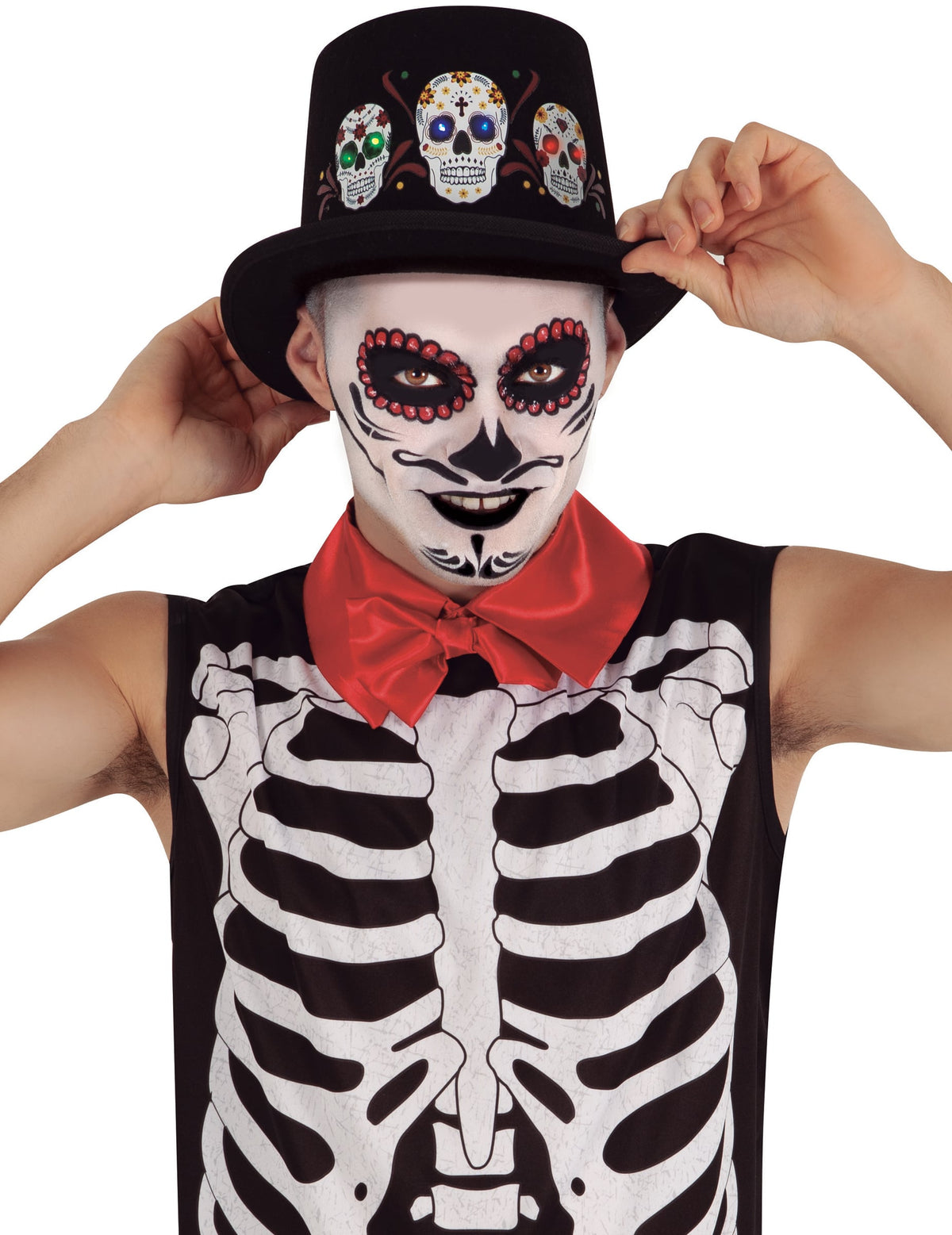 Chapeau lumineux Dia de los muertos pour adulte noir avec têtes de mort