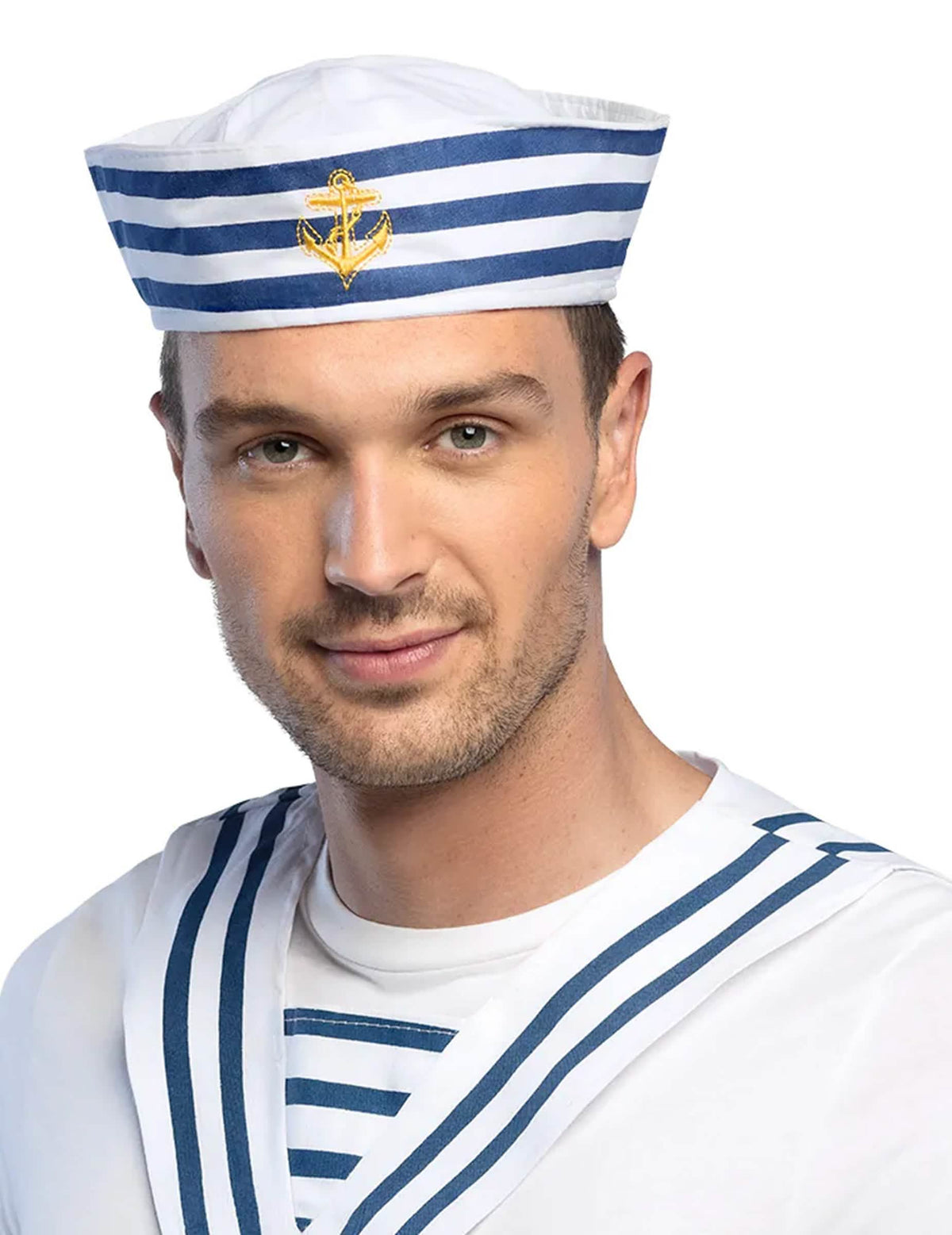 Pălărie marină cu dungi pentru adult alb și albastru, cu ancoră aurie