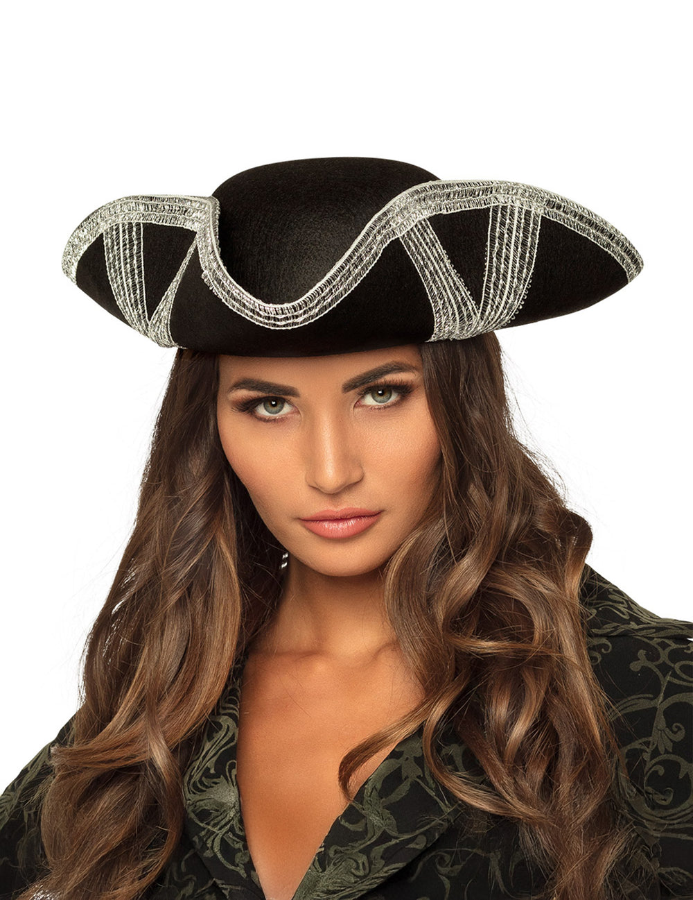 Chapeau de pirate pour adulte noir avec bordure argentée