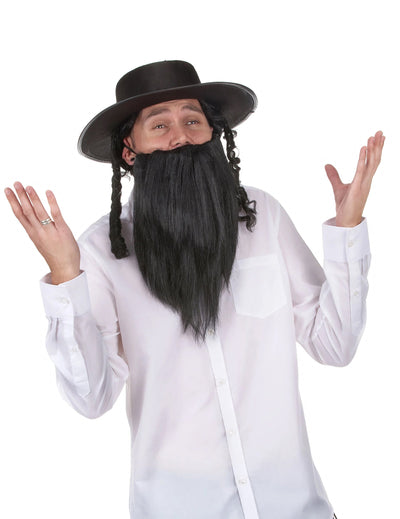 Chapeau de rabbi pour adulte noir avec papillotes et barbe