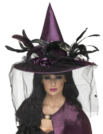 Pălărie de vrăjitoare purpurie de lux pentru femei de Halloween