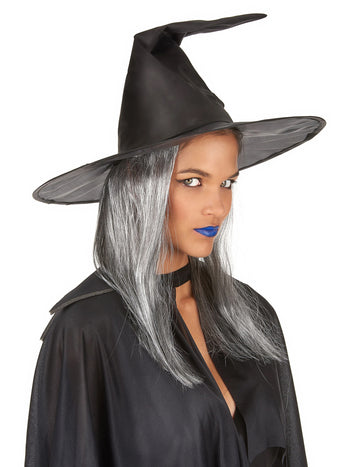 Pălărie vrăjitoare neagră cu părul de Halloween pentru adulți