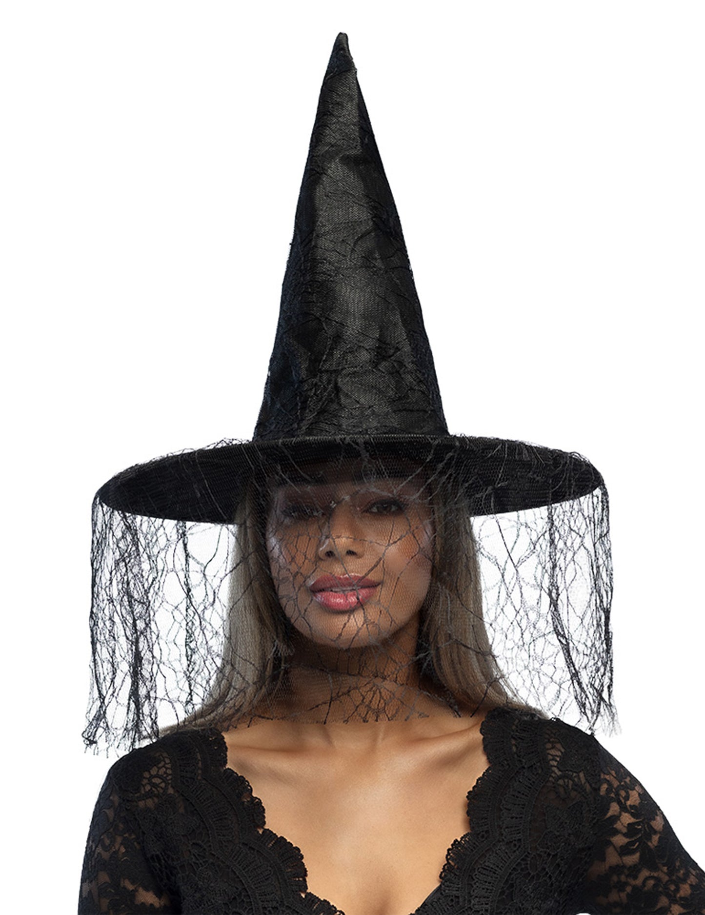 Pălărie vrăjitoare neagră cu Halloween Woman Spider voal