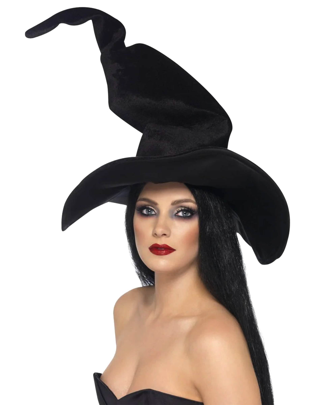 Pălărie de vrăjitoare halloween pentru femeie negru din catifea cu vârf curbat