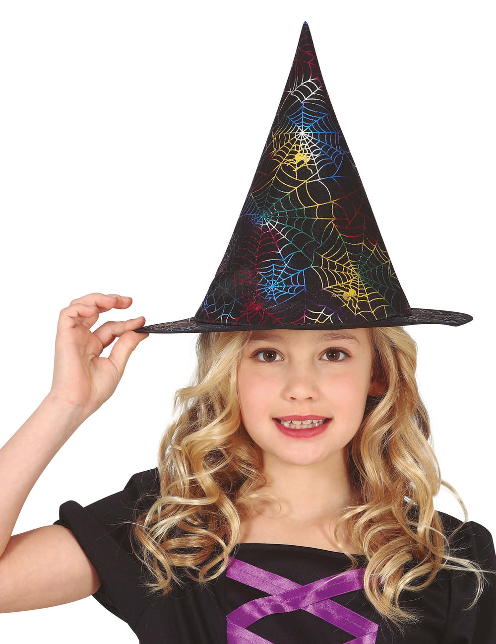 Chapeau de sorcière pour enfant noir avec toiles d'araignées multicolores