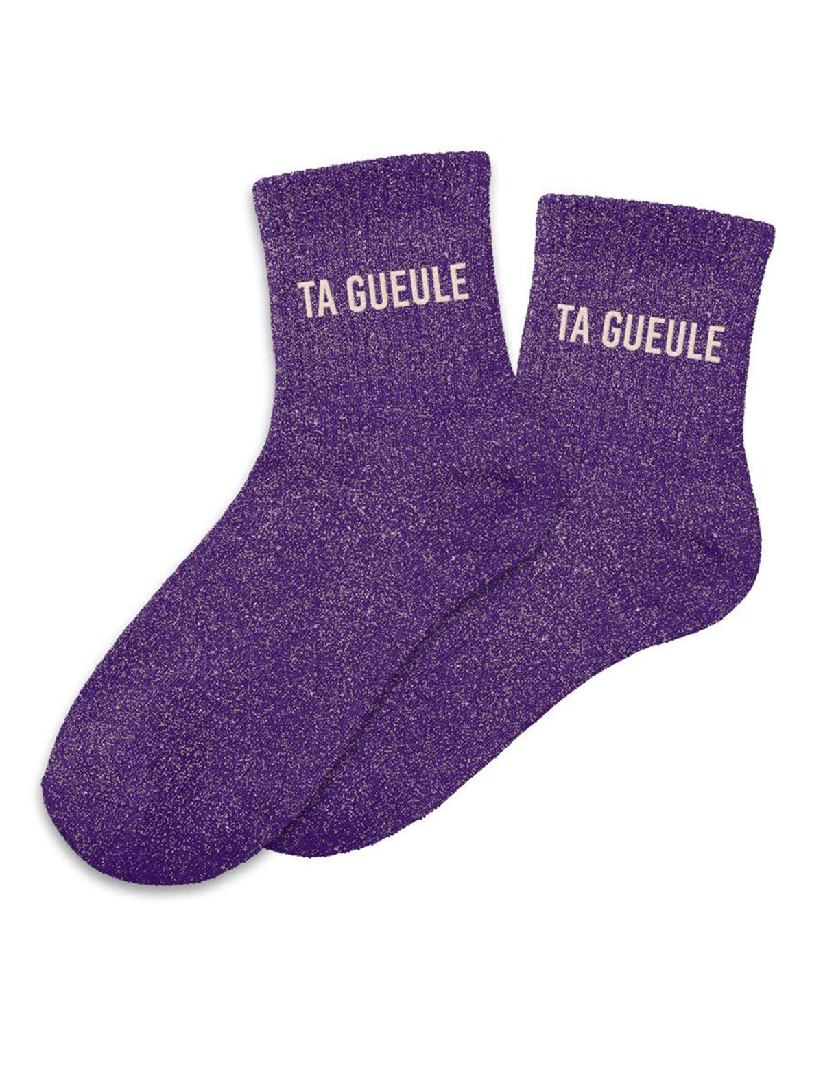 Chaussettes à paillettes Ta gueule pour femme violettes avec inscription blanche