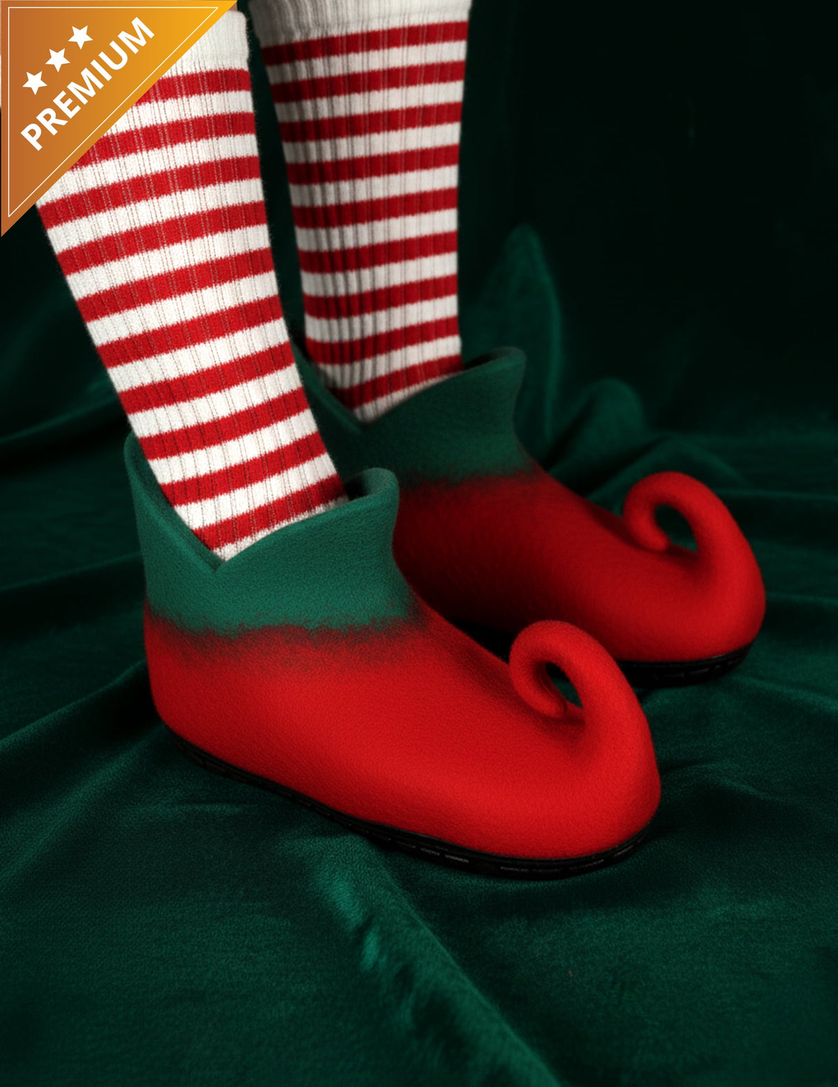 Chaussures d'elfe de luxe pour adulte rouges et vertes à bouts recourbés