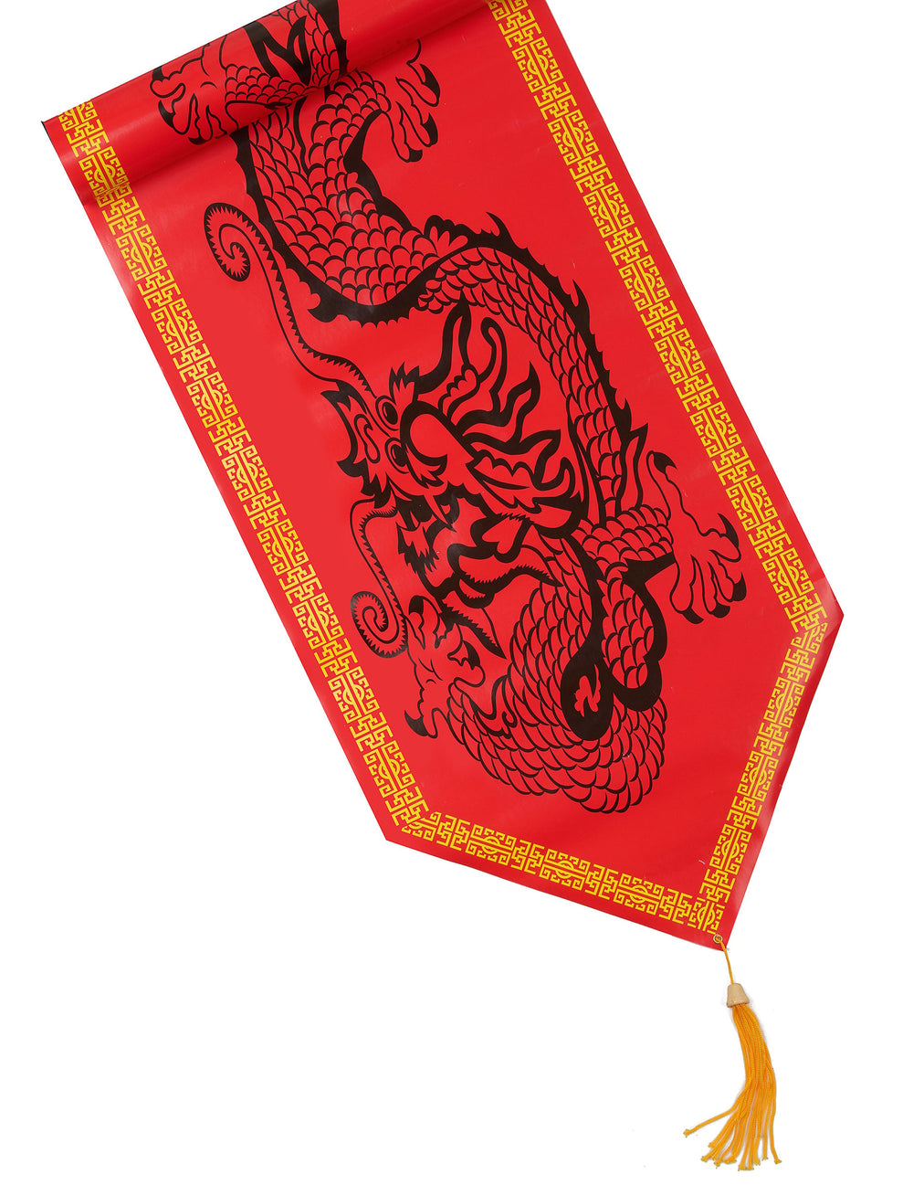 Chemin de table en plastique dragon pour fête rouge avec motifs noirs et pompon doré