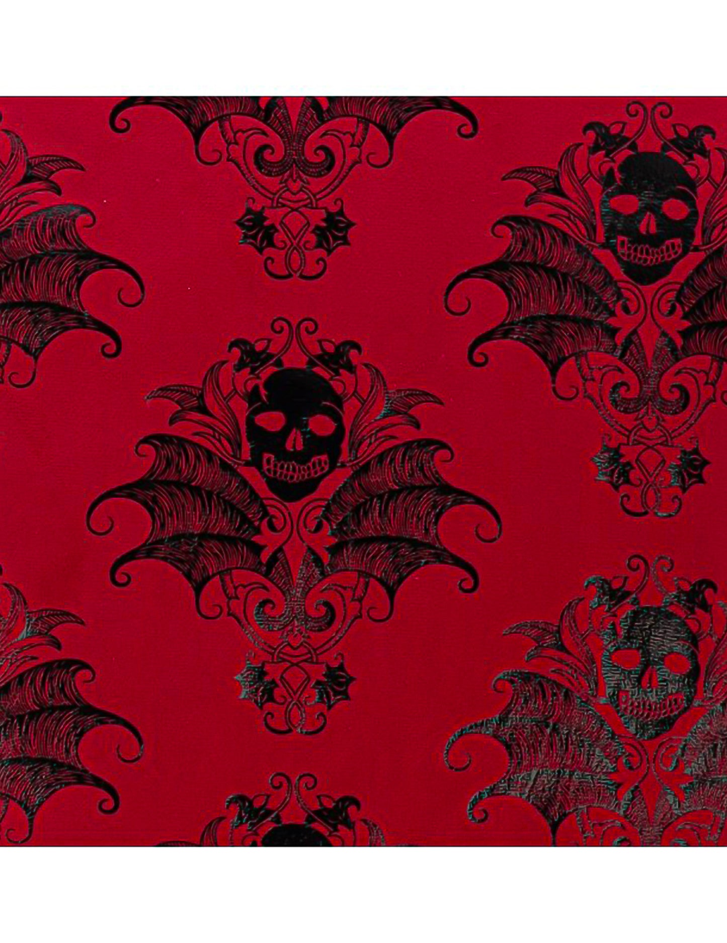 Chemin de table effet velours bordeaux motif crânes baroques noirs 3 m