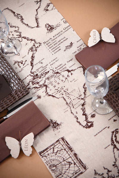 Traversă de masă din bumbac cu design de hartă de călătorie, 28 cm temă mondială x 3 m