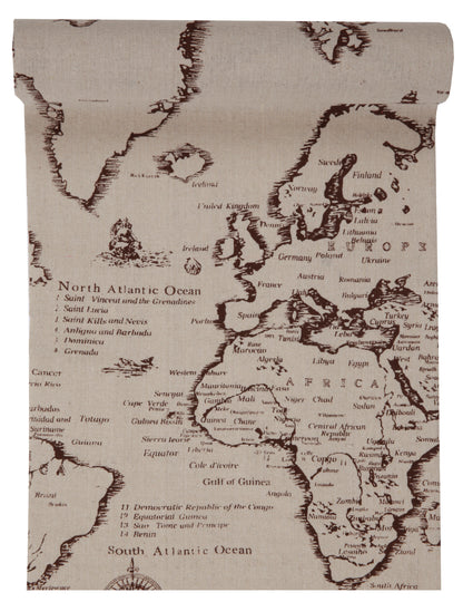 Traversă de masă din bumbac cu design de hartă de călătorie, 28 cm temă mondială x 3 m