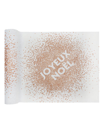 Traversă de masă din bumbac alb cu sclipici auriu-roz și design „Crăciun fericit”, 3m x 28cm cm
