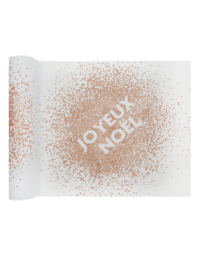 Chemin de table Joyeux Noël en coton blanc et paillettes rose gold