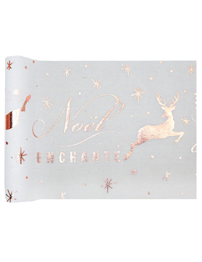 Chemin de table en coton Noël enchanté rose gold avec motifs de cerfs