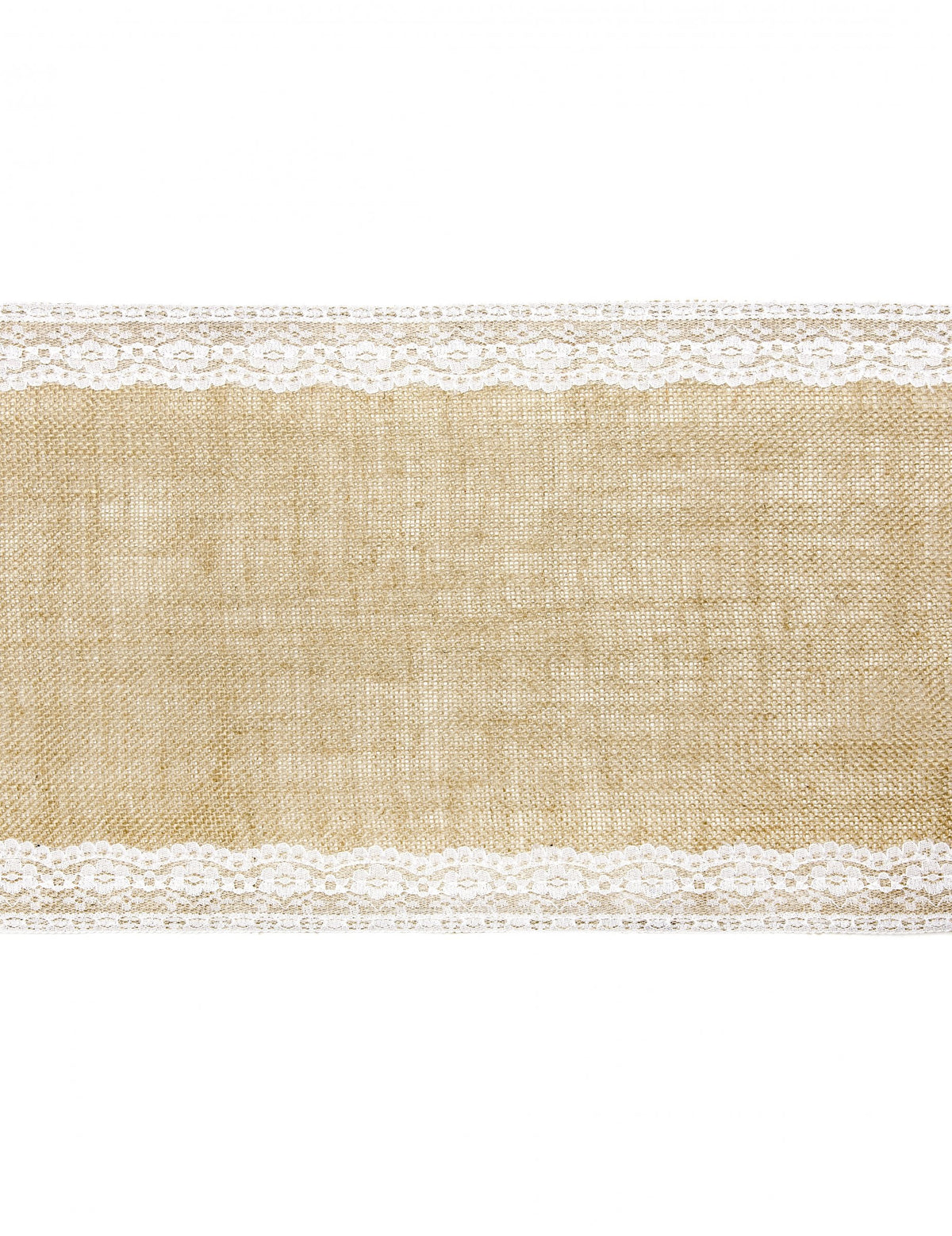 Chemin de table en jute bordures dentelle pour mariage naturel et blanc