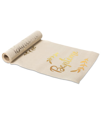 Covor de masă din in natural pentru botez cu șampanie 28 cm x 5 m cu lauri