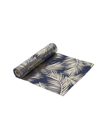 Covor de masă elegant din in bleumarin cu ferigi aurii 28 cm x 5 m