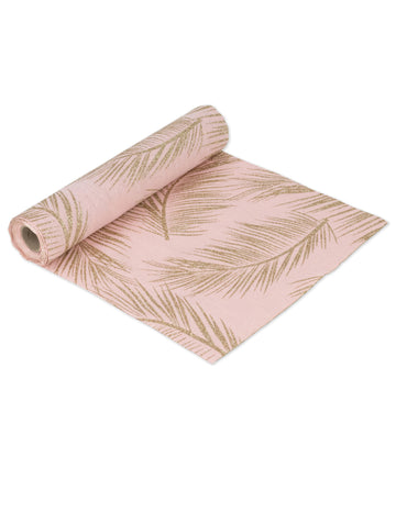 Covor de masă din in roz pudrat cu ferigi aurii 28 cm x 5 m tropical